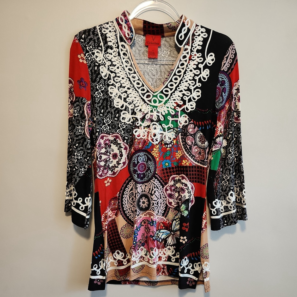 V Cristina MultiColored Tunic Blouse Mandalas Top Womens Sz M Stretch Embroidery